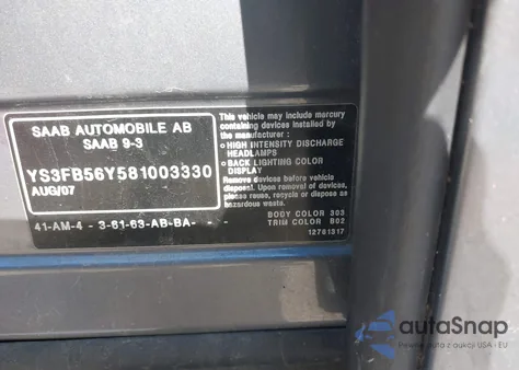 2008 Saab 9-3 2.0T z USA, uszkodzony, nr VIN YS3FB56Y581003330